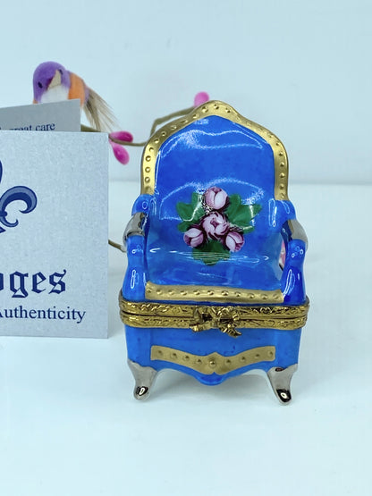 Signed RE Limoges Porcelain Blue & gold Tulip Armchair trinket box A556