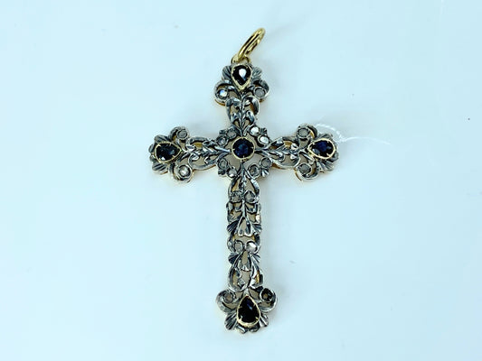 Sterling top 18K Sapphire old mine cut diamond Orthodox Cross pendant c1840 JR9328