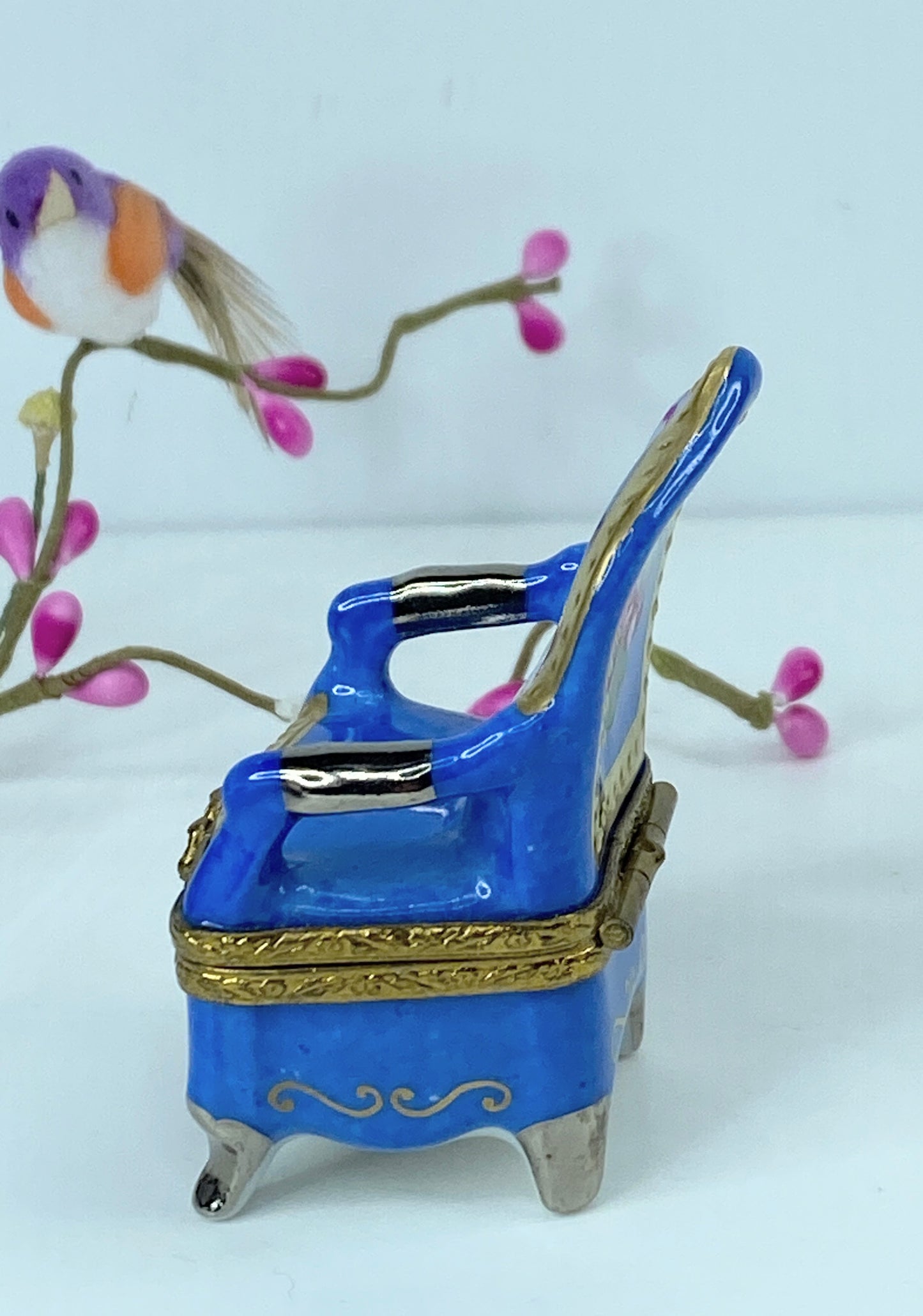 Signed RE Limoges Porcelain Blue & gold Tulip Armchair trinket box A556