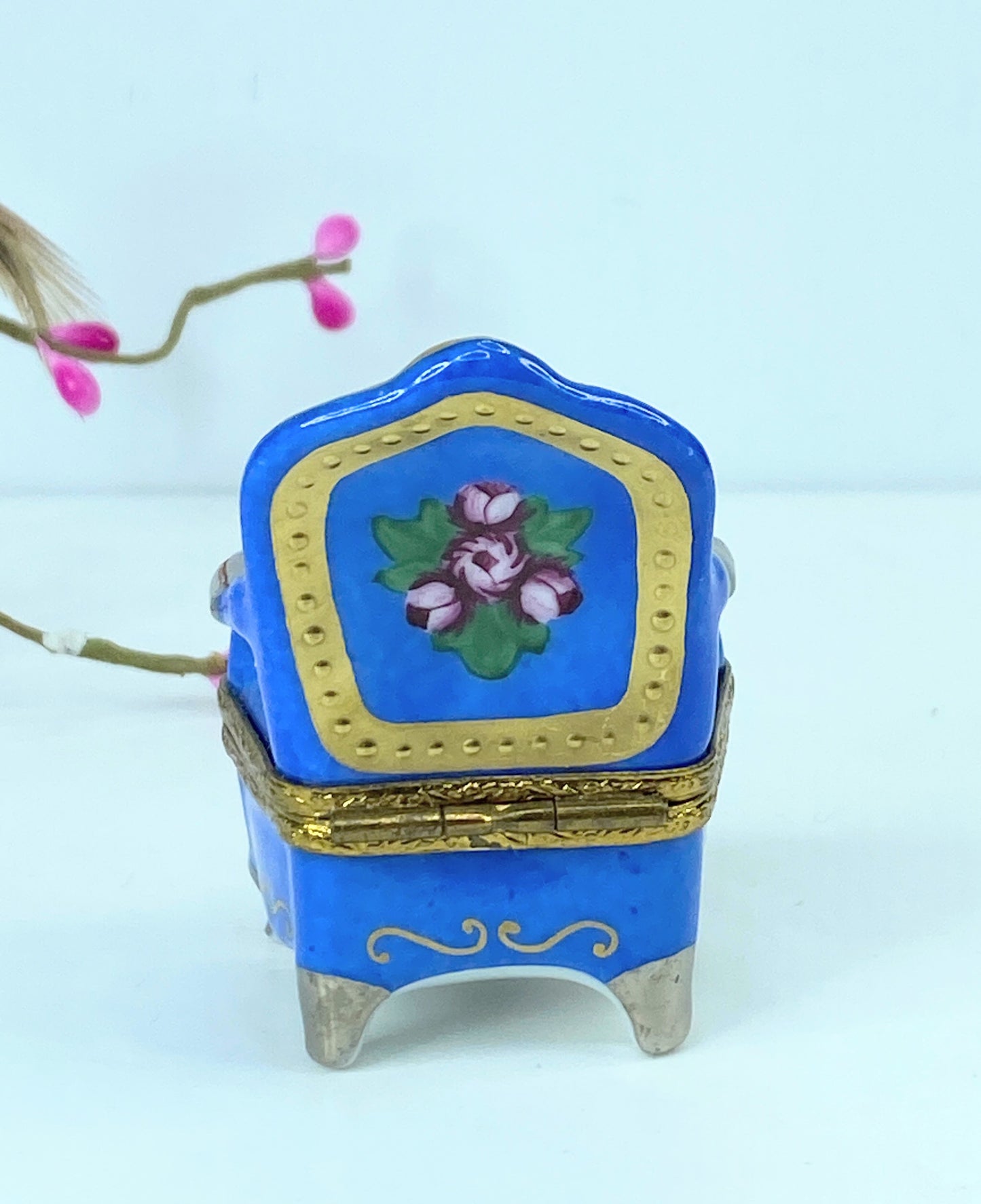 Signed RE Limoges Porcelain Blue & gold Tulip Armchair trinket box A556