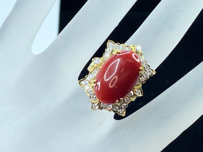 GIA 18K translucent Red natural Coral 0.6ct Diamond ring JR9262