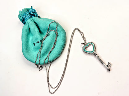Tiffany & Co. Sterling Silver Blue Enamel Key Pendant Necklace 25" 2"x3/4"JR1599
