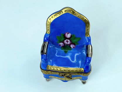 Signed RE Limoges Porcelain Blue & gold Tulip Armchair trinket box A556