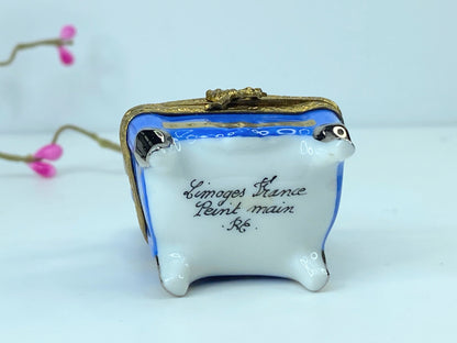 Signed RE Limoges Porcelain Blue & gold Tulip Armchair trinket box A556