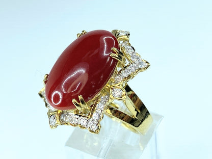 GIA 18K translucent Red natural Coral 0.6ct Diamond ring JR9262