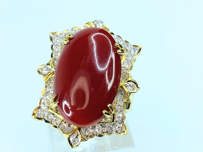 GIA 18K translucent Red natural Coral 0.6ct Diamond ring JR9262