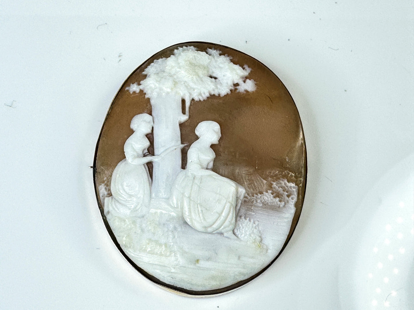 Antique 14K Gold Hand Carved Scenic Shell Cameo Brooch Pendant 2" 12.1g JR1760