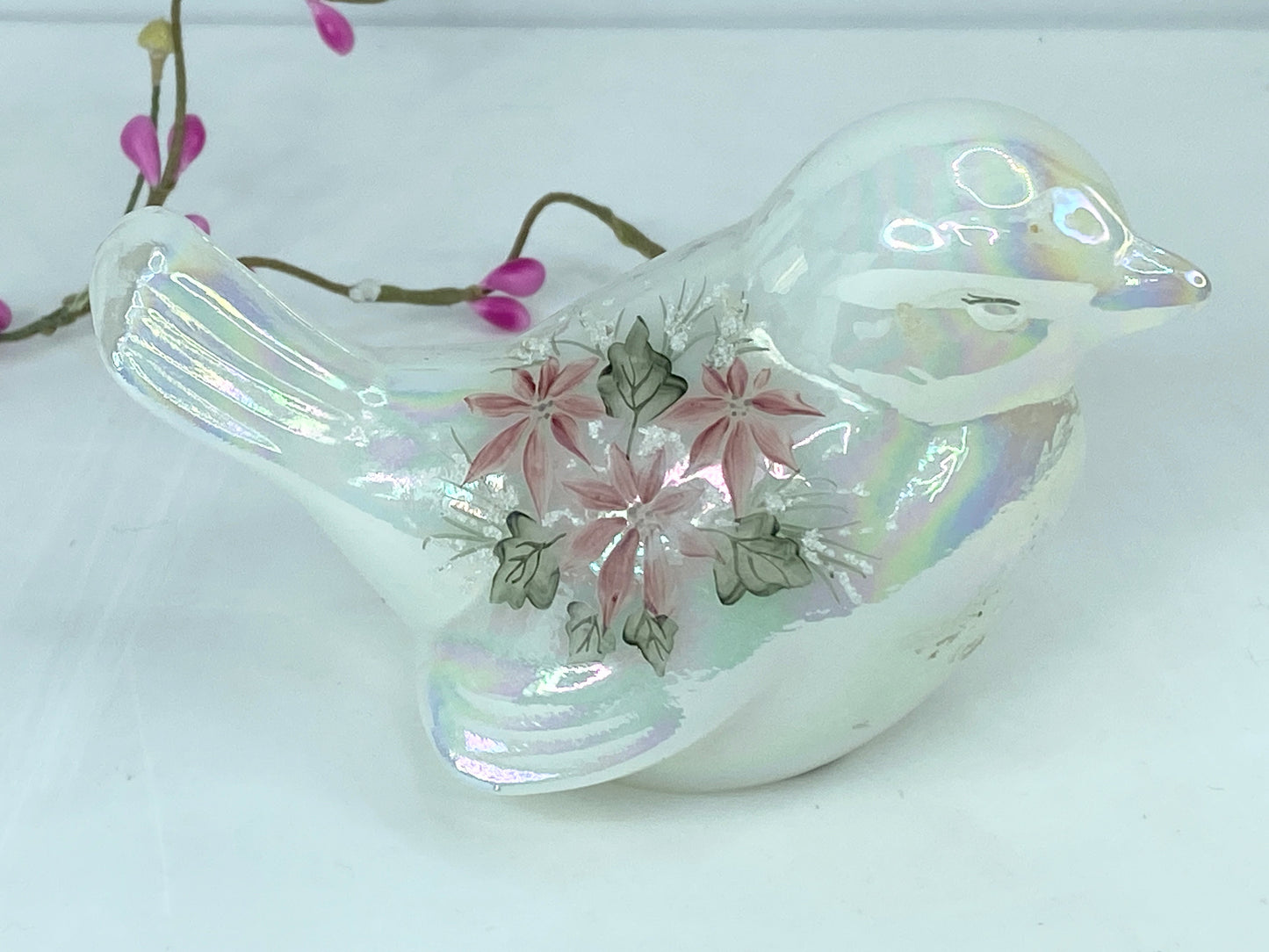 Fenton White Opalescent Christmas Hand Painted Bird Figurine Signed A559