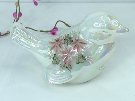 Fenton White Opalescent Christmas Hand Painted Bird Figurine Signed A559