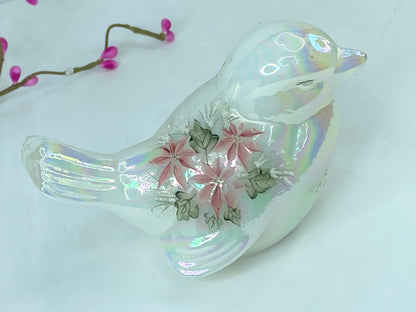 Fenton White Opalescent Christmas Hand Painted Bird Figurine Signed A559