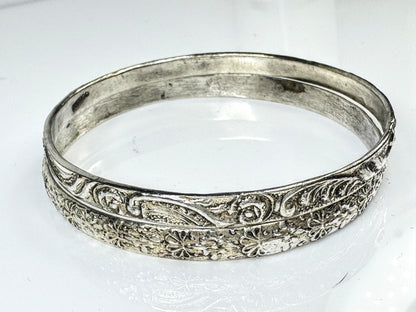 Vintage Sterling Silver Floral Embossed Stacking Bangle Bracelet 8" 28.5g JR1762