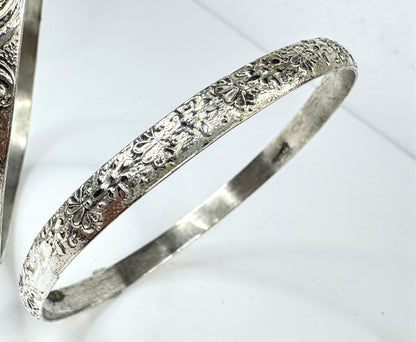 Vintage Sterling Silver Floral Embossed Stacking Bangle Bracelet 8" 28.5g JR1762