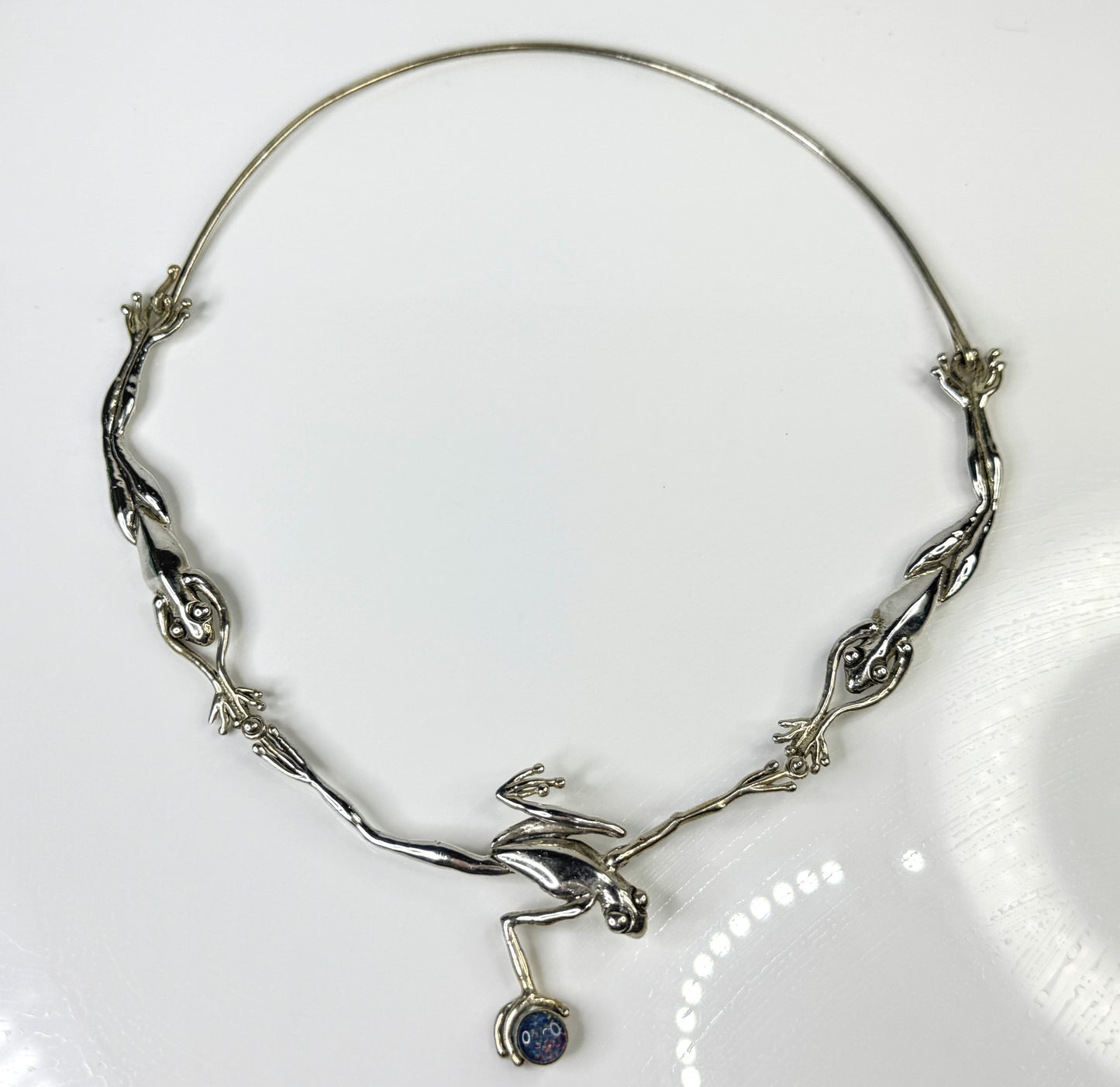 Rare Handmade Sterling Silver Three Frog Faux Opal Collar Necklace 38g JR1764
