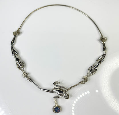 Rare Handmade Sterling Silver Three Frog Faux Opal Collar Necklace 38g JR1764