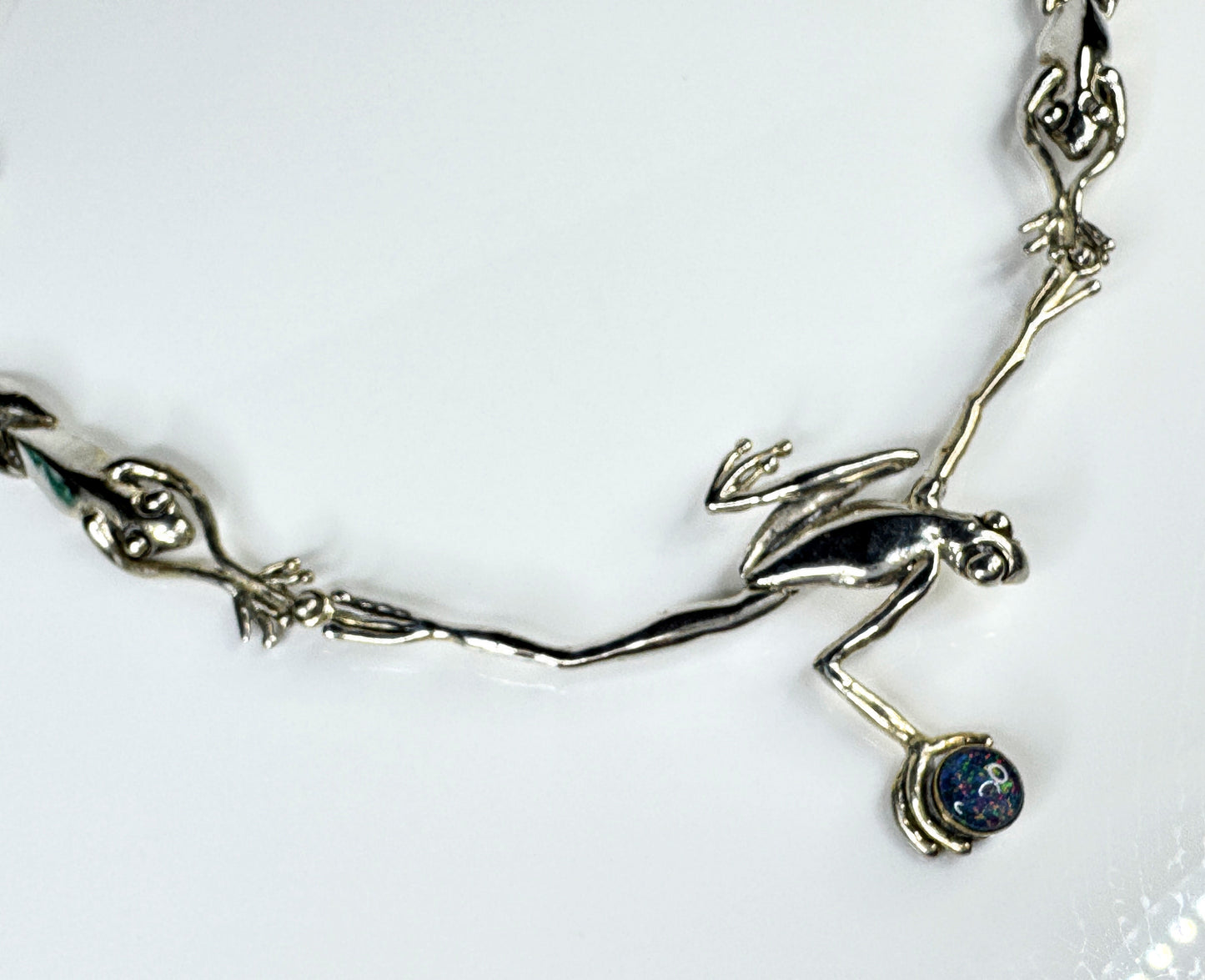 Rare Handmade Sterling Silver Three Frog Faux Opal Collar Necklace 38g JR1764