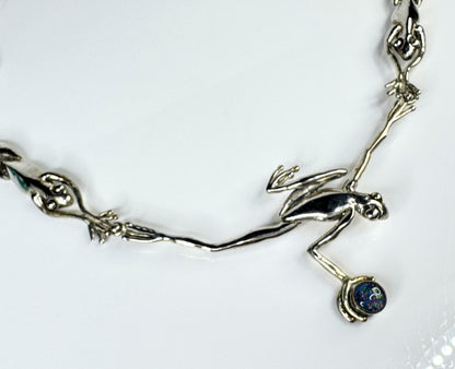 Rare Handmade Sterling Silver Three Frog Faux Opal Collar Necklace 38g JR1764