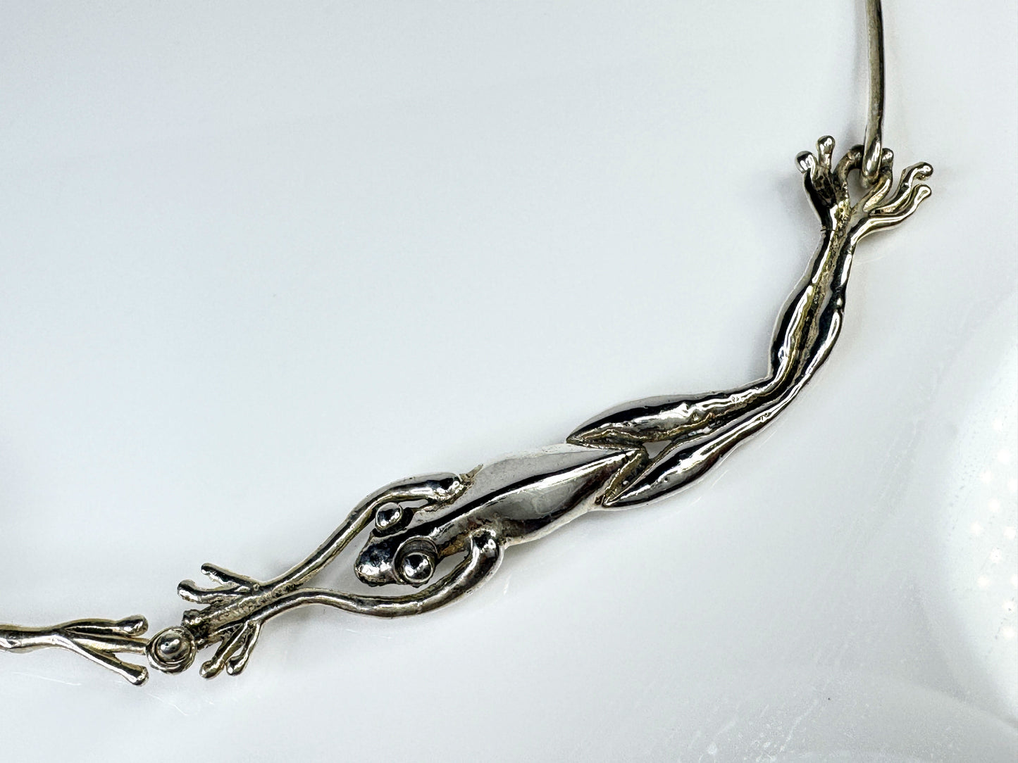Rare Handmade Sterling Silver Three Frog Faux Opal Collar Necklace 38g JR1764