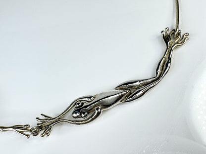 Rare Handmade Sterling Silver Three Frog Faux Opal Collar Necklace 38g JR1764