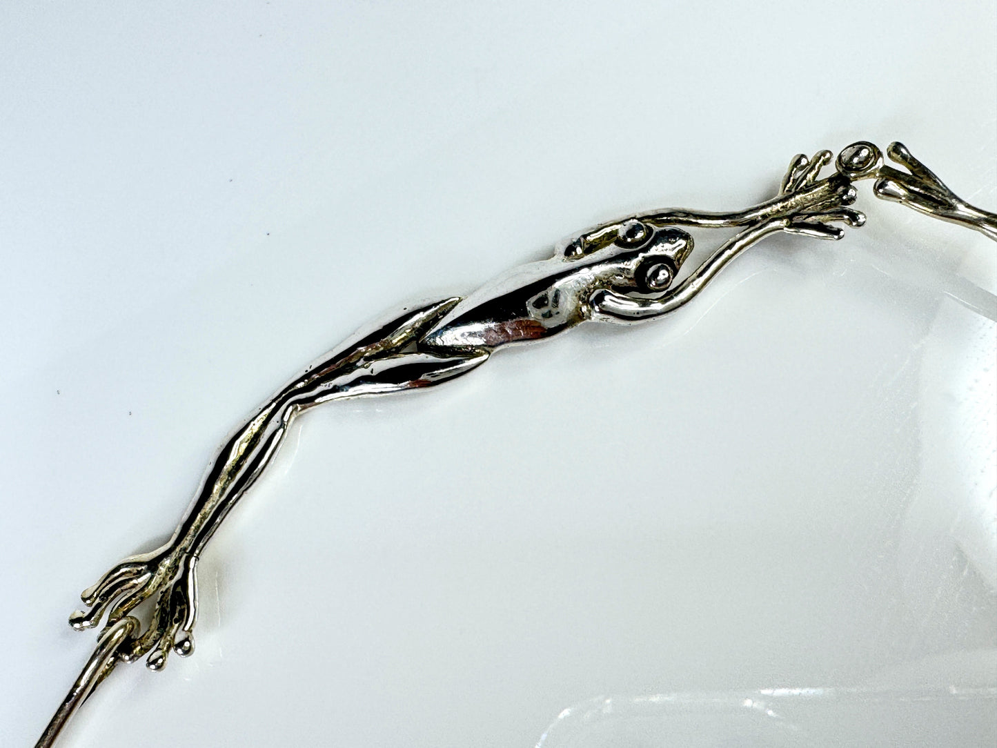 Rare Handmade Sterling Silver Three Frog Faux Opal Collar Necklace 38g JR1764