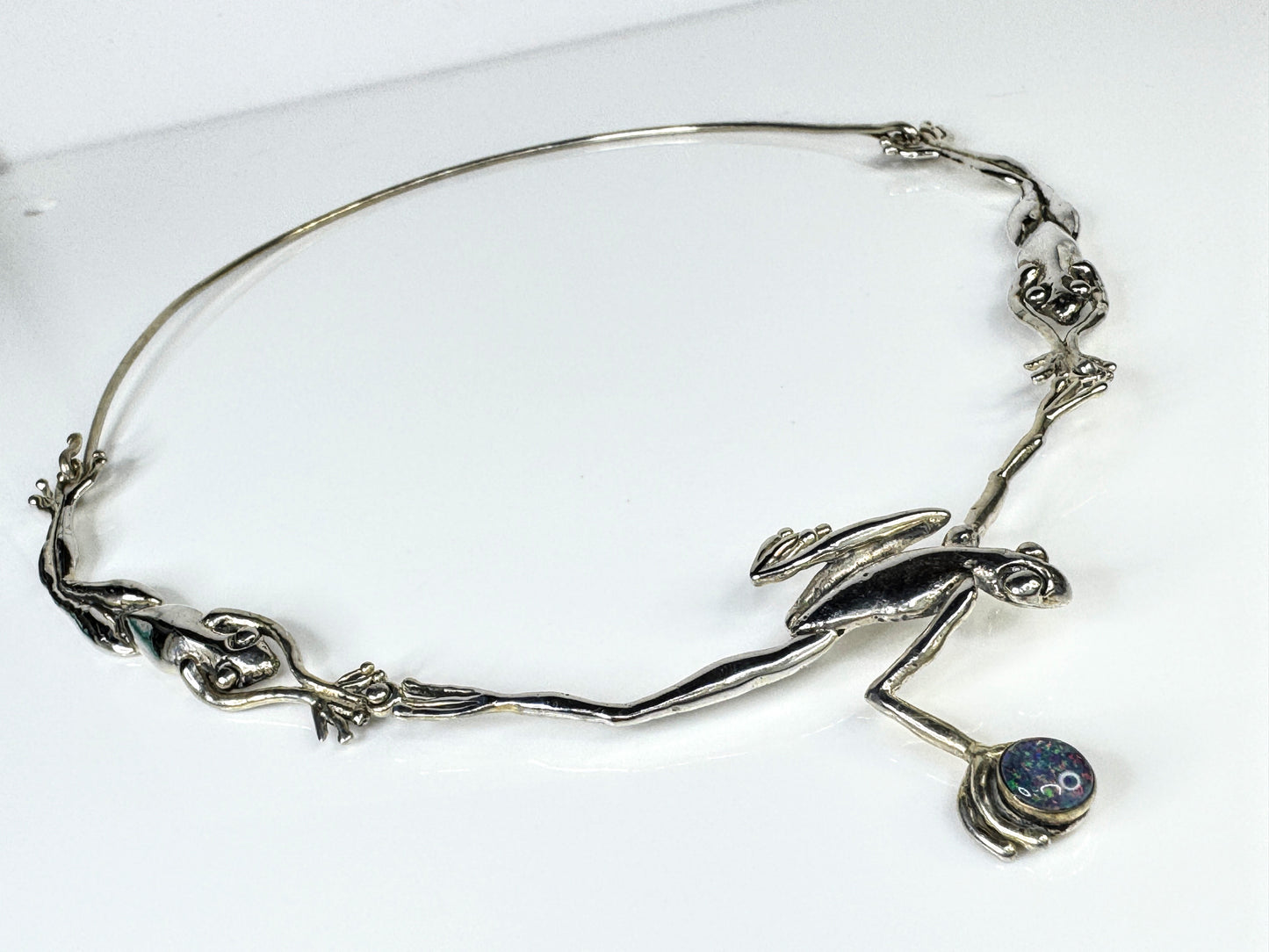 Rare Handmade Sterling Silver Three Frog Faux Opal Collar Necklace 38g JR1764