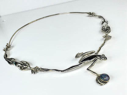 Rare Handmade Sterling Silver Three Frog Faux Opal Collar Necklace 38g JR1764