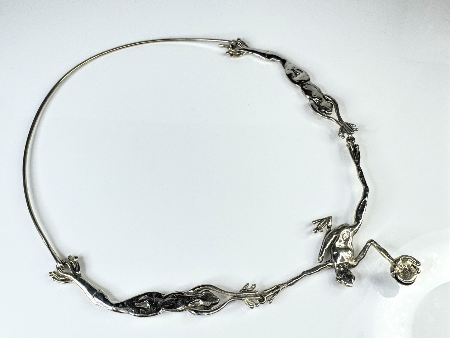 Rare Handmade Sterling Silver Three Frog Faux Opal Collar Necklace 38g JR1764