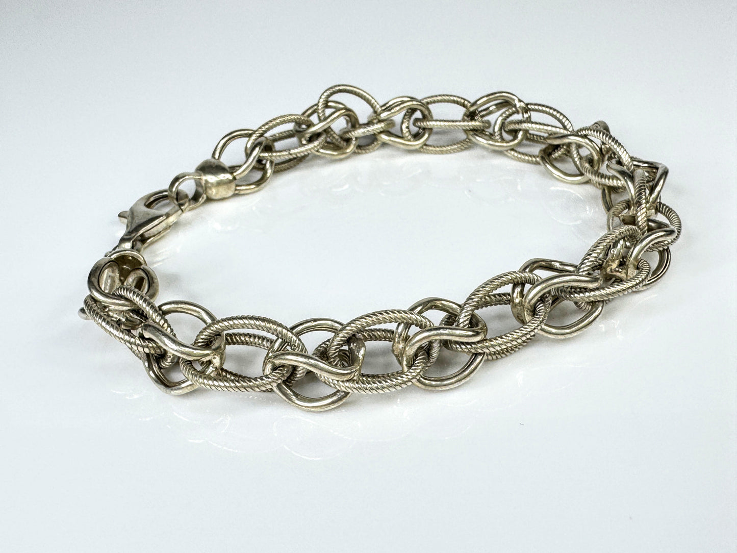 Milor Italy Sterling Silver Etched Polished Oval Link Bracelet 8.5" H925 JR1765