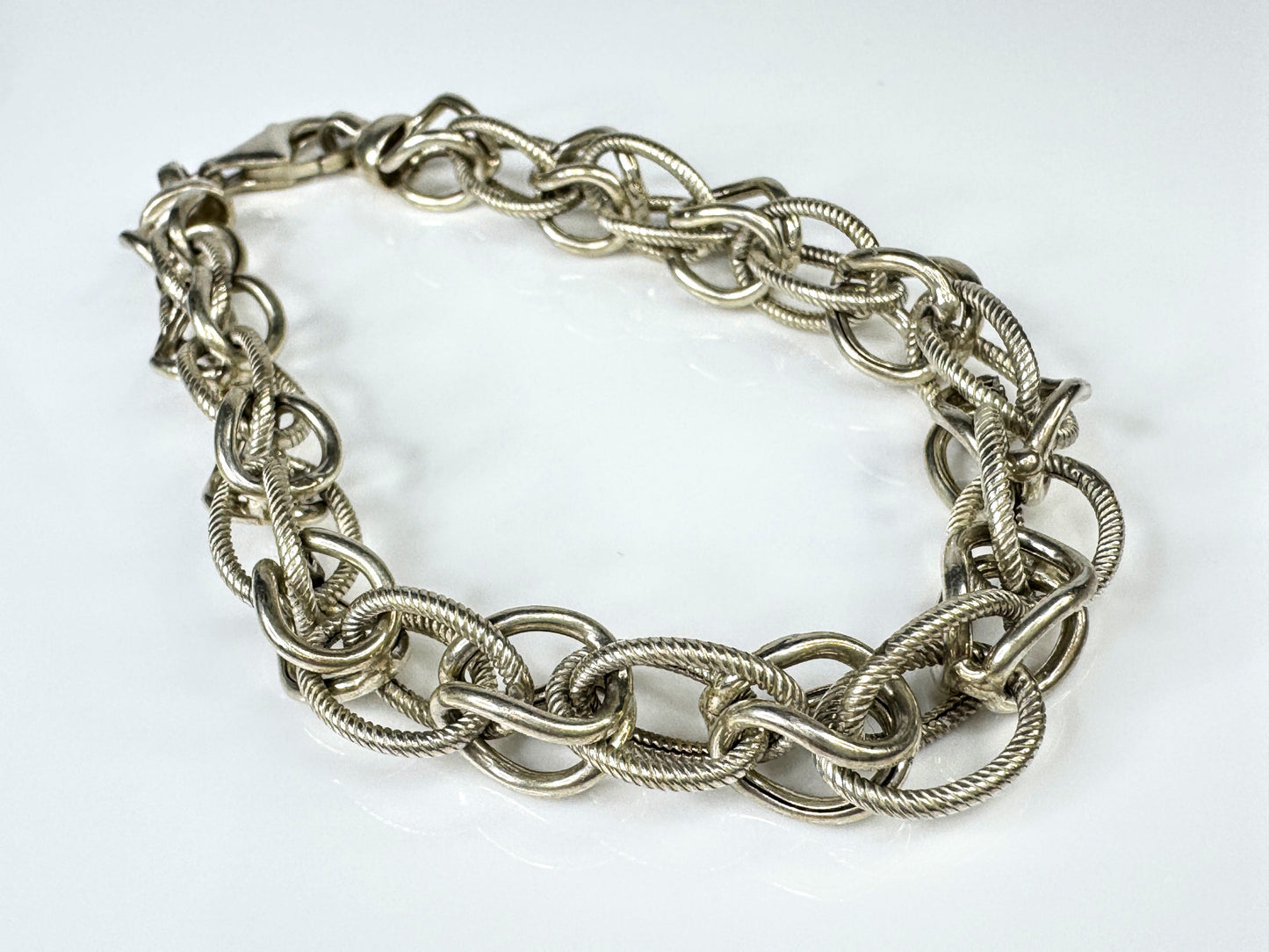 Milor Italy Sterling Silver Etched Polished Oval Link Bracelet 8.5" H925 JR1765