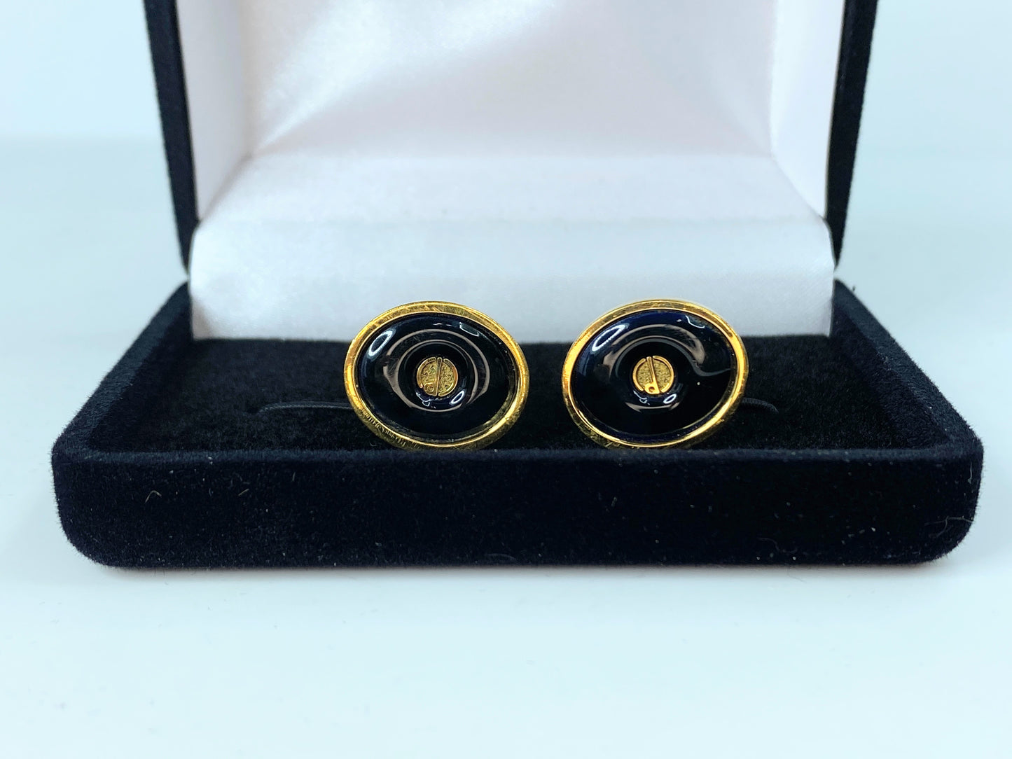 Authentic Alfred DunHill logo D Onyx oval cufflink tie clip set GS112