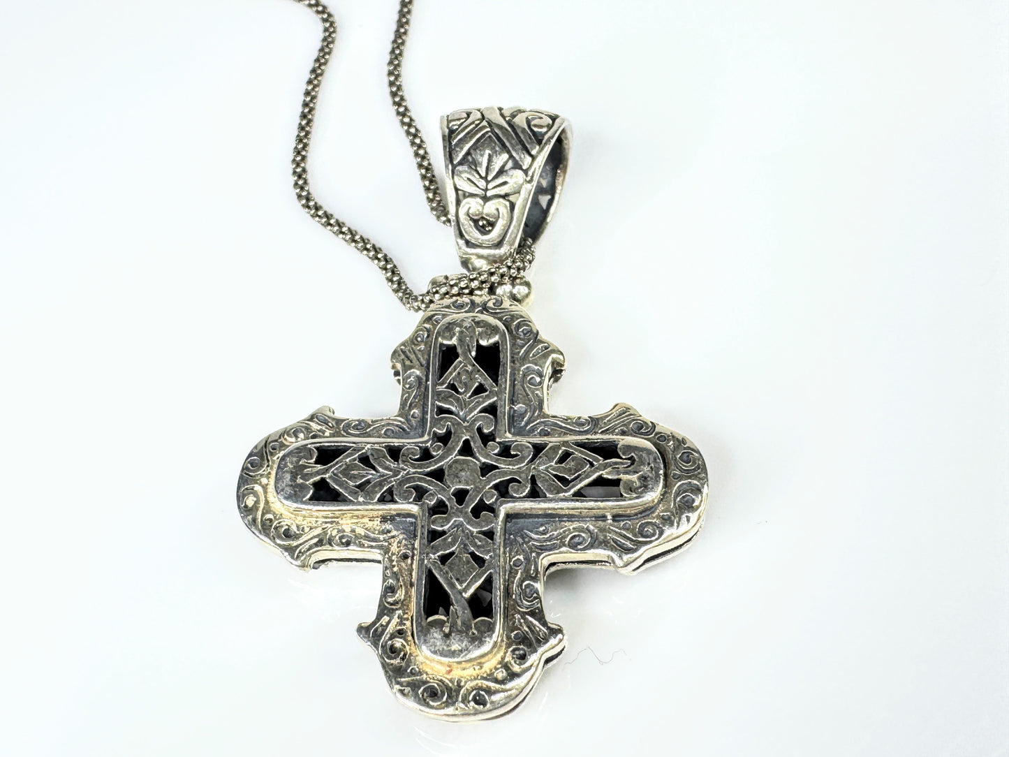 Sterling Silver detailed Reversible Openwork Cross Pendant Necklace 14.6g JR1766