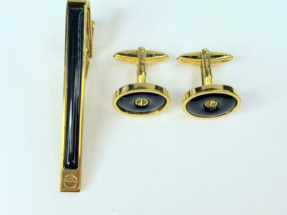 Authentic Alfred DunHill logo D Onyx oval cufflink tie clip set GS112