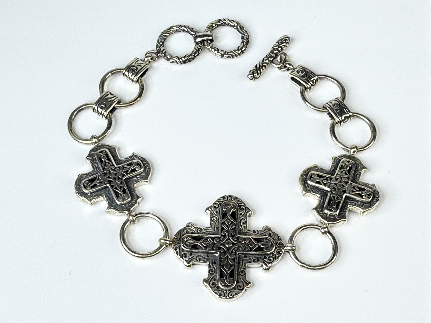 Rare Sterling Silver Triple Cross Toggle Bracelet, Scroll Openwork Links JR1767