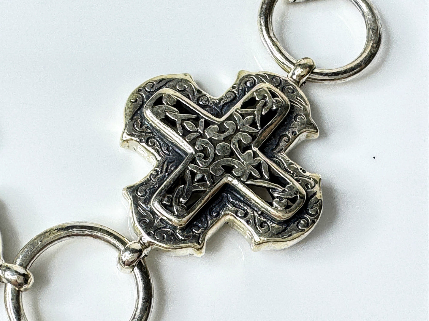 Rare Sterling Silver Triple Cross Toggle Bracelet, Scroll Openwork Links JR1767