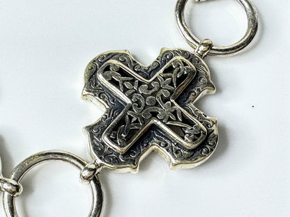Rare Sterling Silver Triple Cross Toggle Bracelet, Scroll Openwork Links JR1767