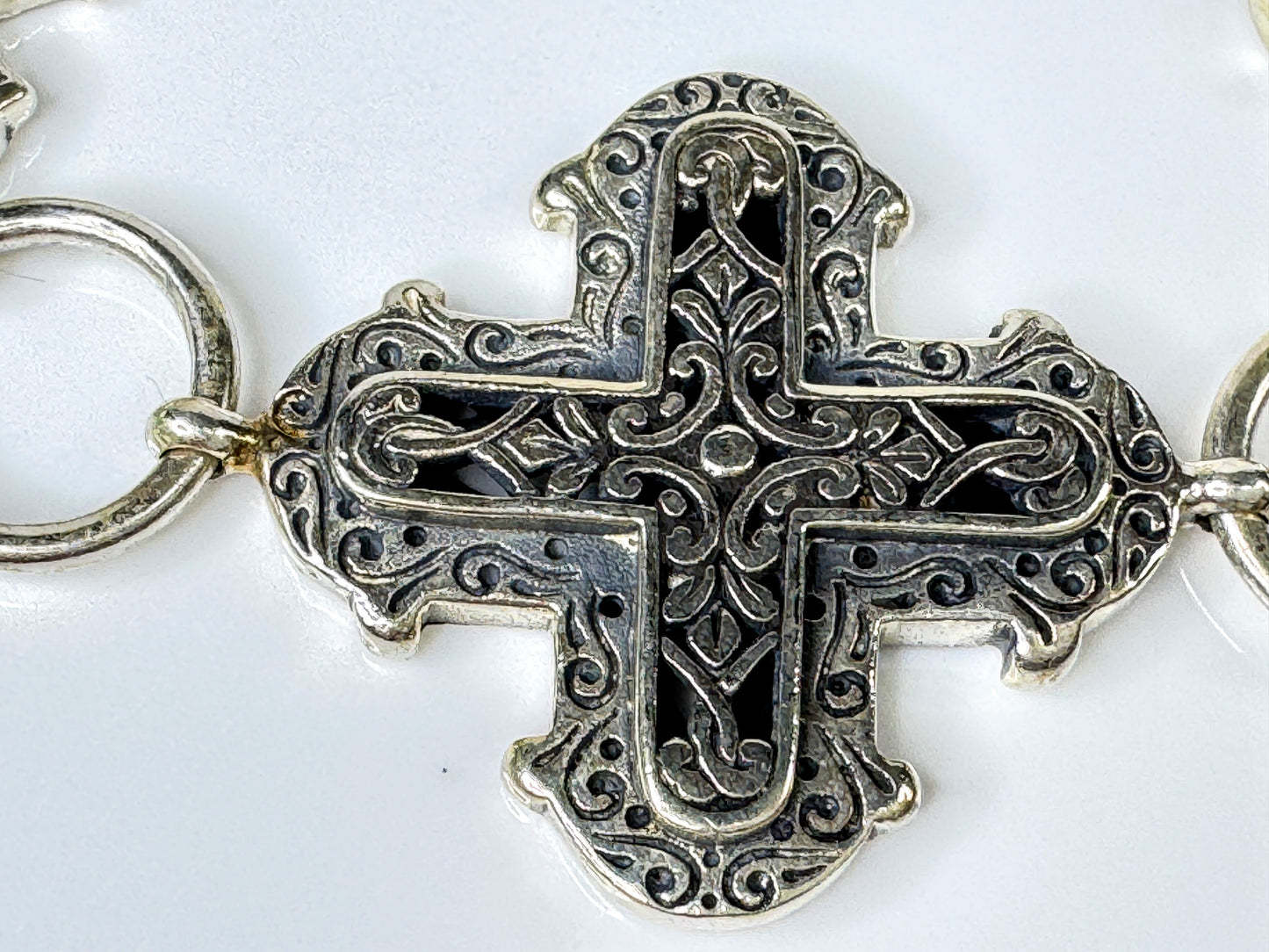 Rare Sterling Silver Triple Cross Toggle Bracelet, Scroll Openwork Links JR1767