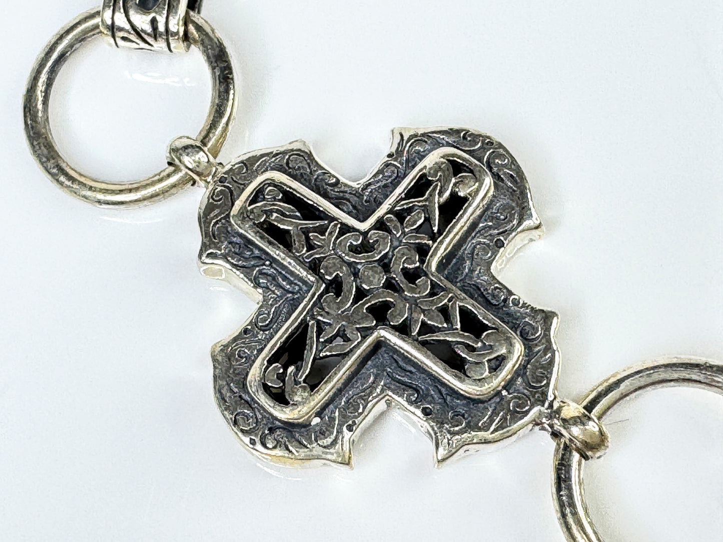 Rare Sterling Silver Triple Cross Toggle Bracelet, Scroll Openwork Links JR1767