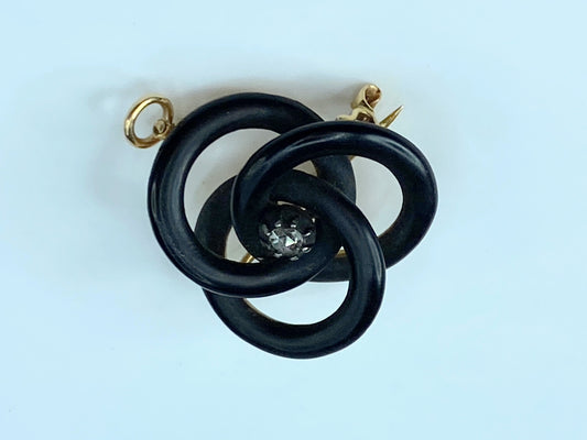 Victorian 14 karat mourning ebonized Love Knot 0.1ct diamond pendant pin