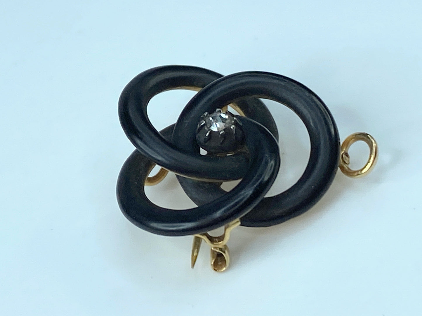 Victorian 14 karat mourning ebonized Love Knot 0.1ct diamond pendant pin