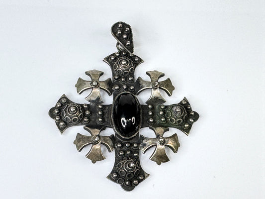Vintage Jerusalem Sterling Silver Cross Pendant with Black Onyx Cabochon JR1768