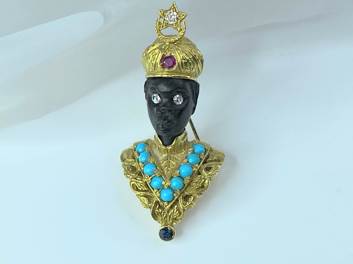 La Triomphe Blackamoor Diamond ruby Sapphire Turquoise 18 karat brooch