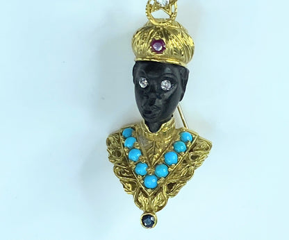 La Triomphe Blackamoor Diamond ruby Sapphire Turquoise 18 karat brooch