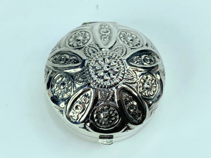 Floral Round Domed Pill Box Victorian Style 925 English Sterling Silver SS67