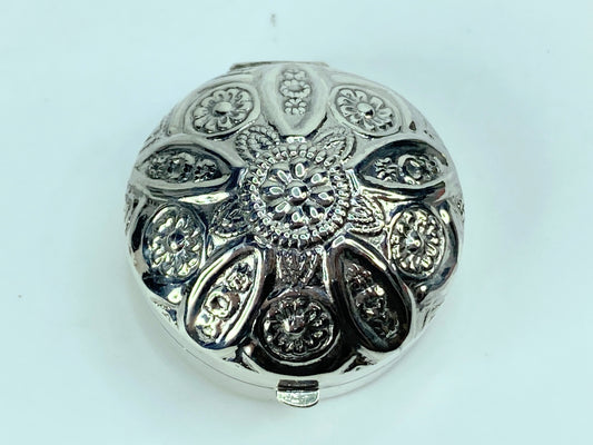 Floral Round Domed Pill Box Victorian Style 925 English Sterling Silver SS67
