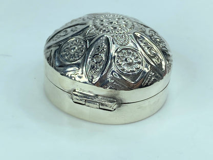 Floral Round Domed Pill Box Victorian Style 925 English Sterling Silver SS67