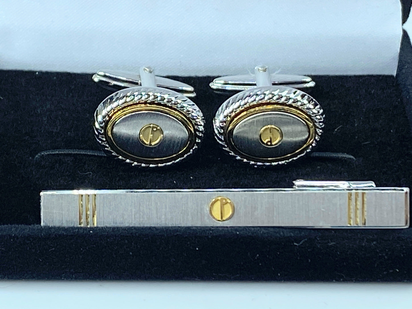 Alfred DunHill set gold silver tone cufflink tile clip authentic GS119