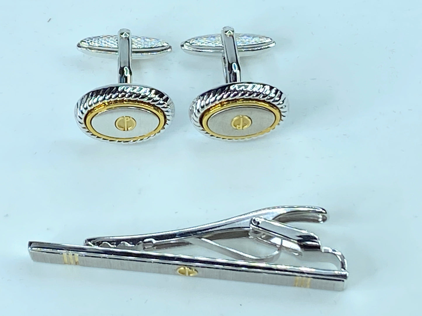 Alfred DunHill set gold silver tone cufflink tile clip authentic GS119