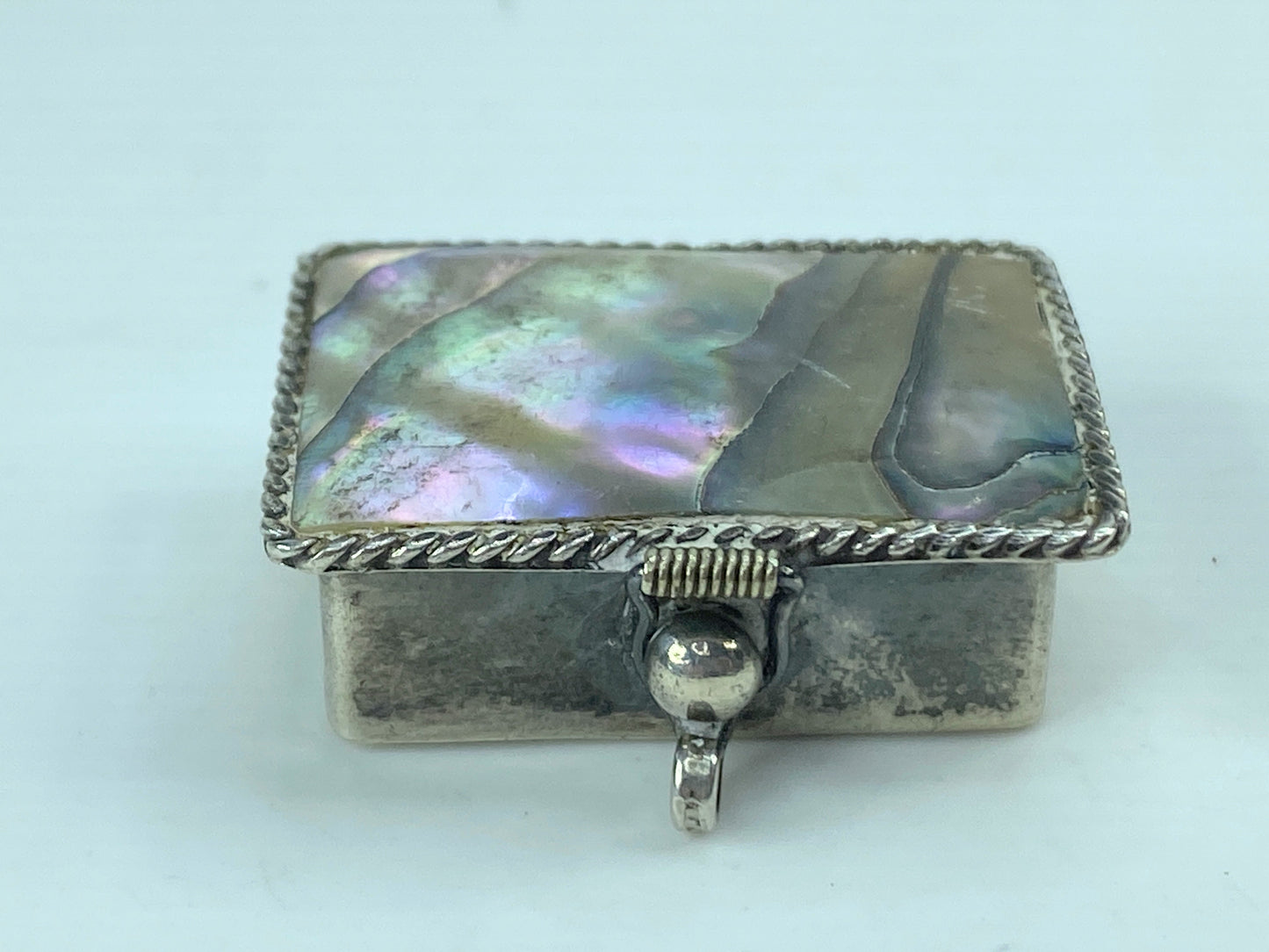 Abalone Shell Pill Box sterling silver Mexico round link border 7.8g SS68