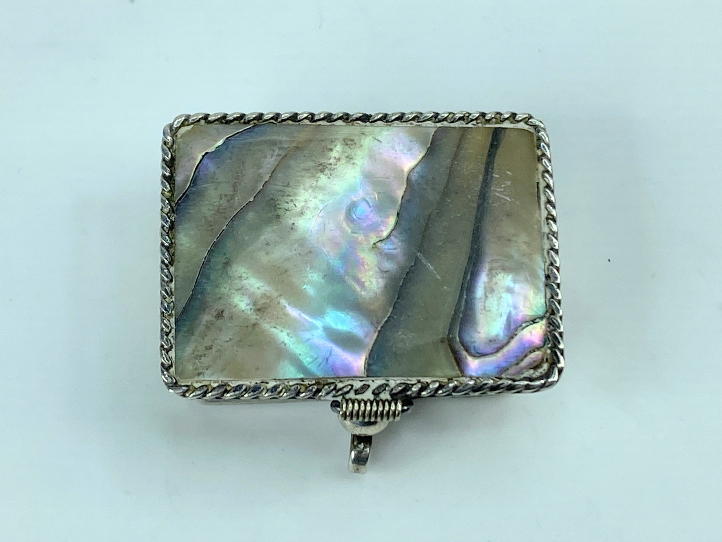Abalone Shell Pill Box sterling silver Mexico round link border 7.8g SS68