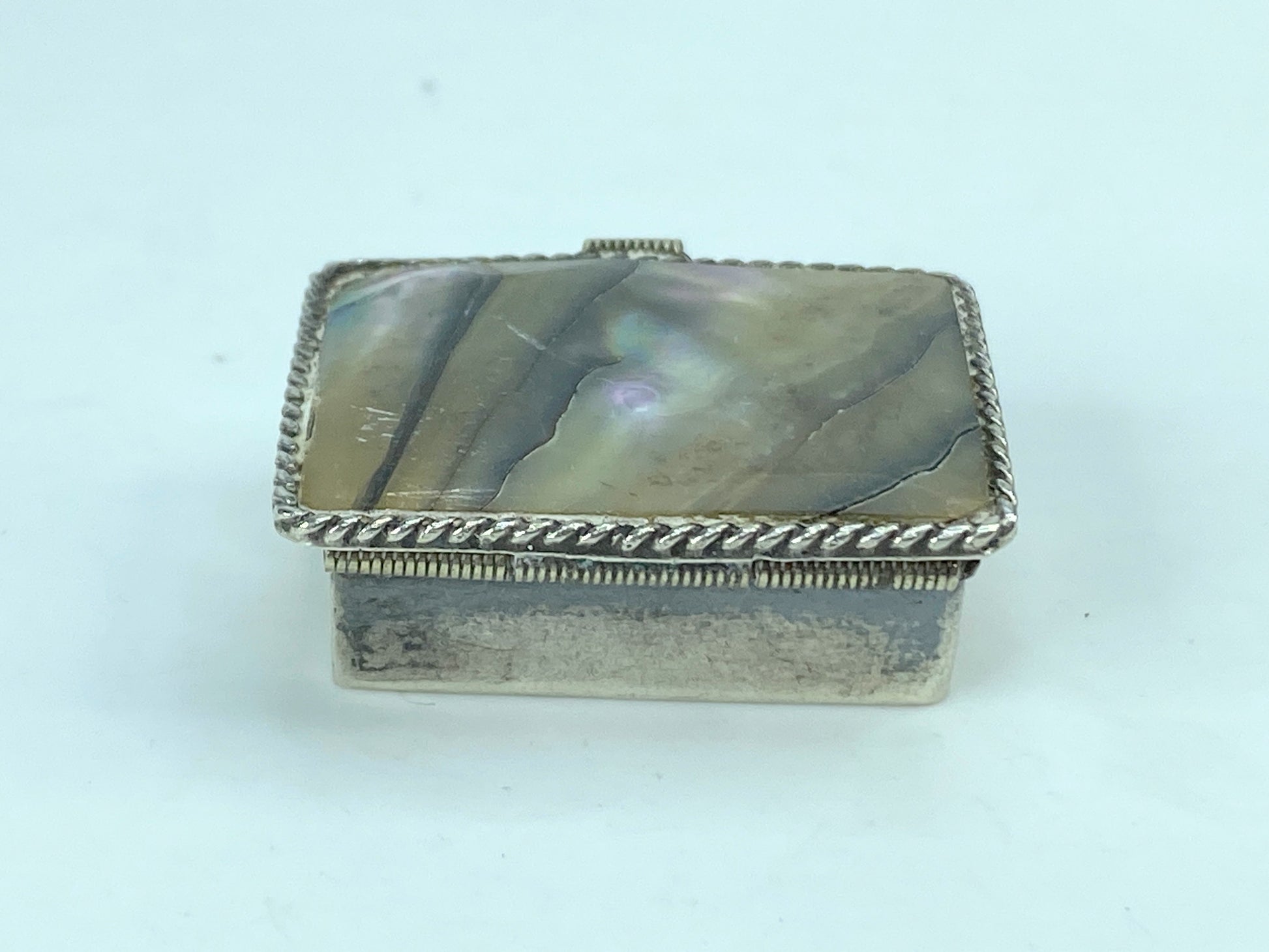 Abalone Shell Pill Box sterling silver Mexico round link border 7.8g SS68