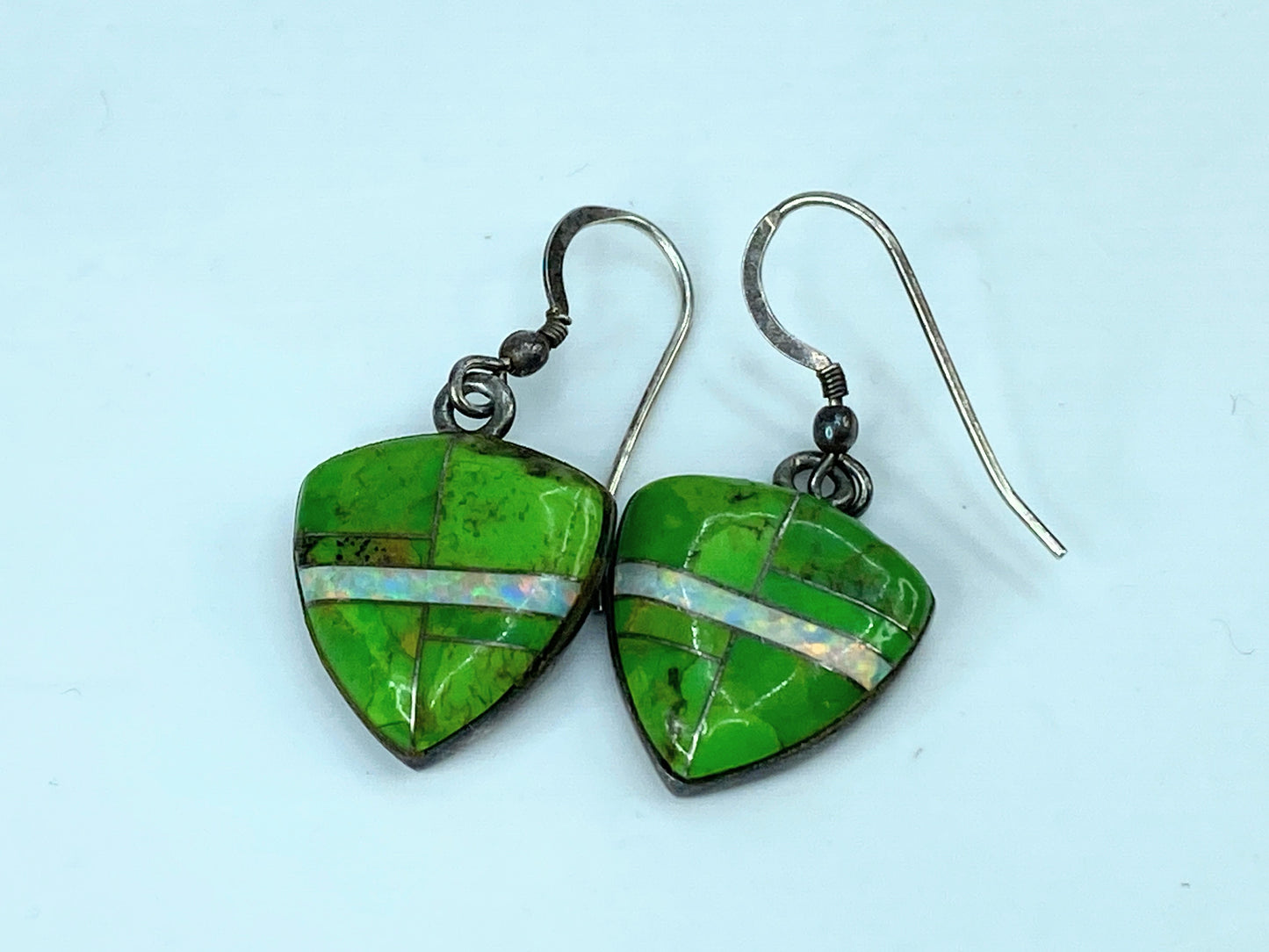 Southwest Sterling 925 Green Gaspeite With Opal Shield motif earrings JR1053